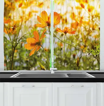 

Nature Kitchen Curtains Flower Grass Foliage at Sunrise Summer in The Park Fresh Scenery Window Curtain for Kitchen Cafe Decor