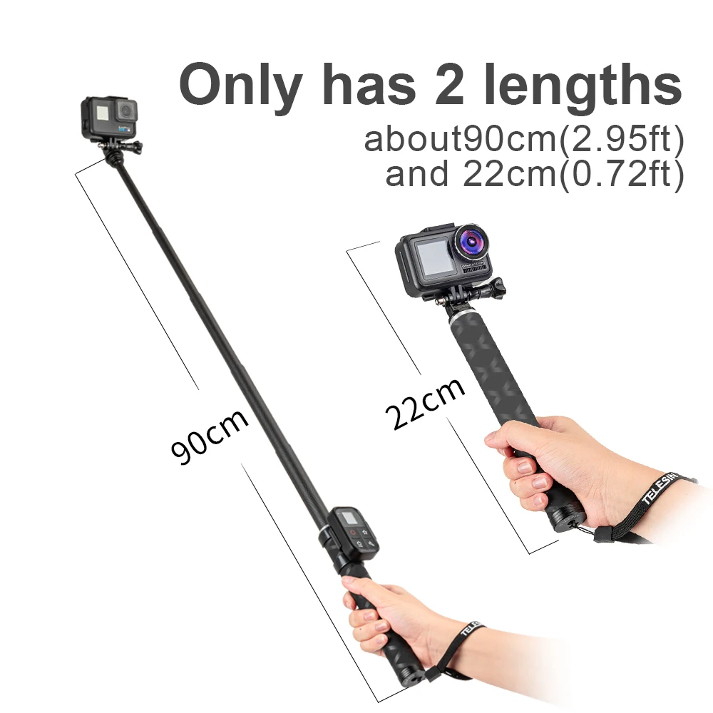 TELESIN 90cm Carbon Fiber Lightest Selfie Stick Aluminium Alloy Tripod For GoPro Hero 9 5 6 7 8 For DJI Osmo Action Camera Ac