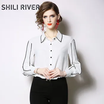 

New spring autumn fall tops for women long sleeve blouse casual loose girl cute elegant vintage white lapel shirt