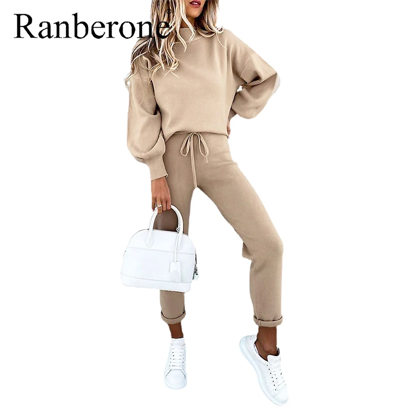 

Ranberone 2 Pieces Set Sport Suit Female Solid Lantern Sleeve Top + Drawstring Pockets Design Pants Fitness Women's Tracksuit