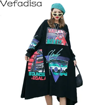 

Vefadisa Spring Patchwork Print Dress Woman 2020 Black Asymmetrical Dress O-Neck Letter Pullover Long Sleeve Dress QYF707