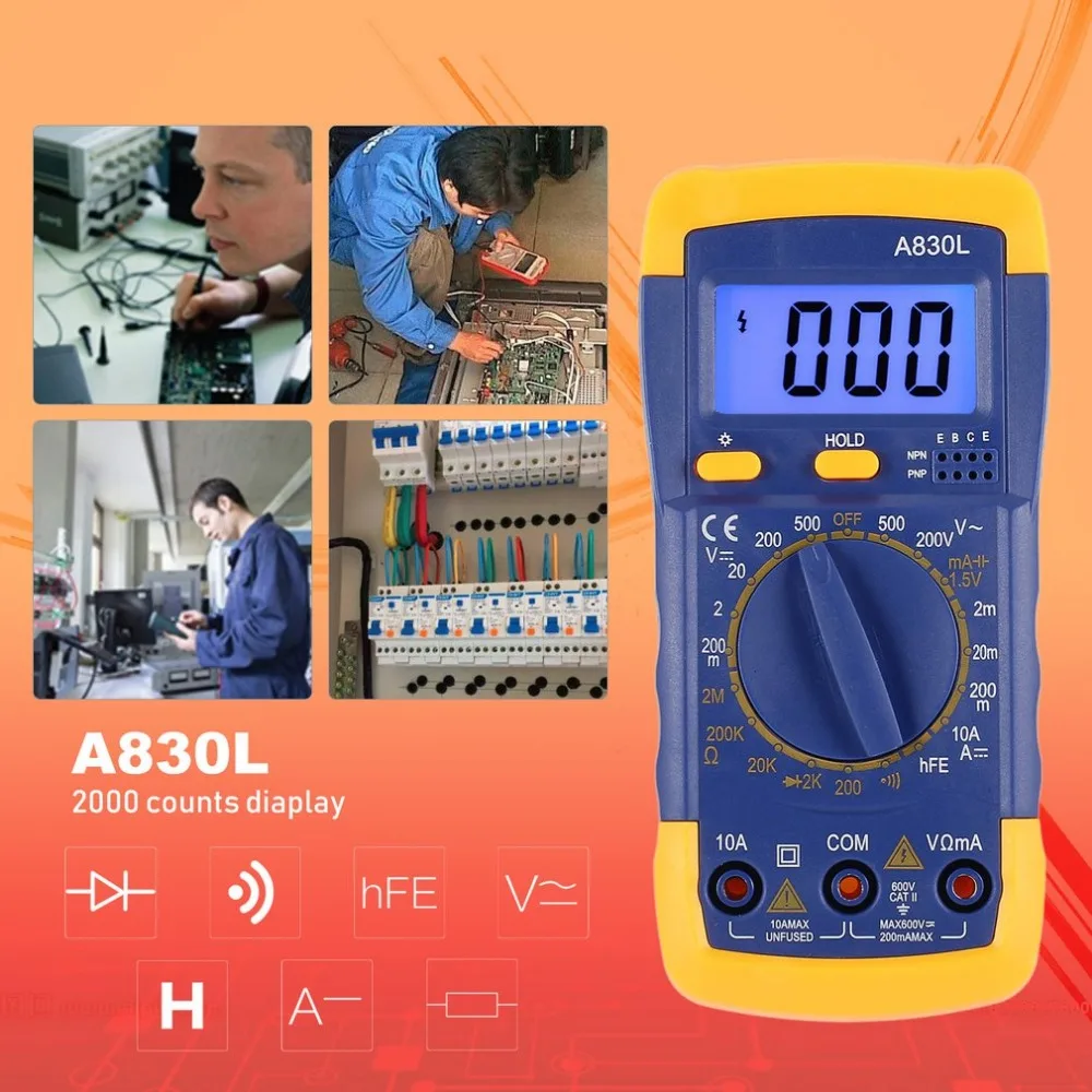 A830L Backlight Digital LCD Multimeter Voltmeter Ammeter AC DC Diode Resistence OHM Volt Tester Test Current Data Hold