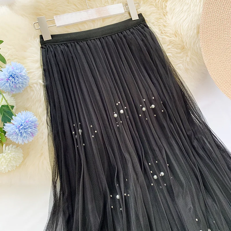 Wasteheart Winter Gray Women Skirt High Waist Beading Ankle Length Skirt Mesh Clothing All-match Empire Sweet Pleated Skirts