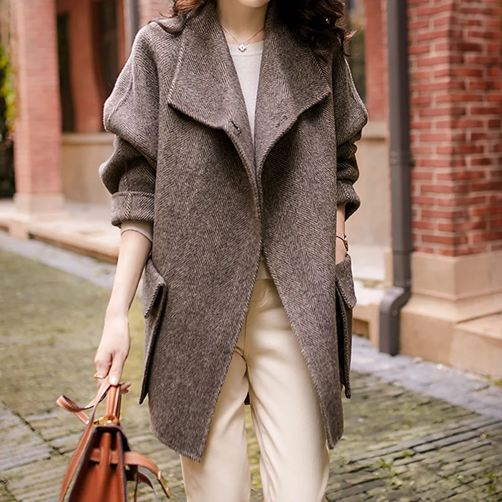 

Korean Style Women Wool Coat Stripe Winter Autumn Outwear Warm Thicken Cotton Woolen Overcoat Fashion Long Coats 2020 Chic