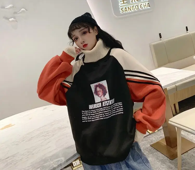 New autumn winter Korean hit color Harajuku patchwork turtleneck pullover streetwear loose sweatshirt women