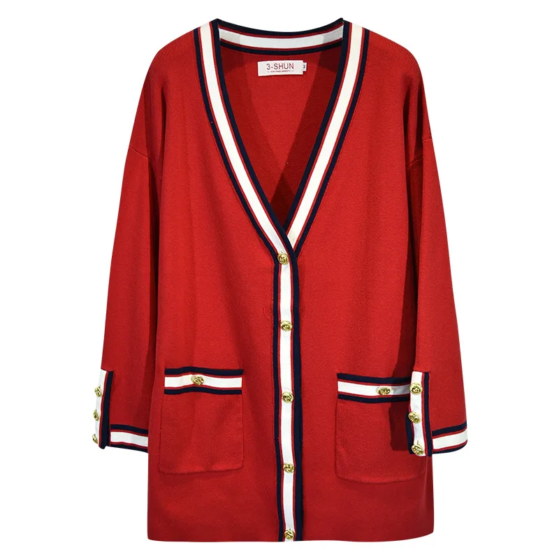 

Luxury Brand Designer Knitted Sweater for Women Causel V Neck Contrast Color Striped Red Loose Knitted Sweater Cardigan