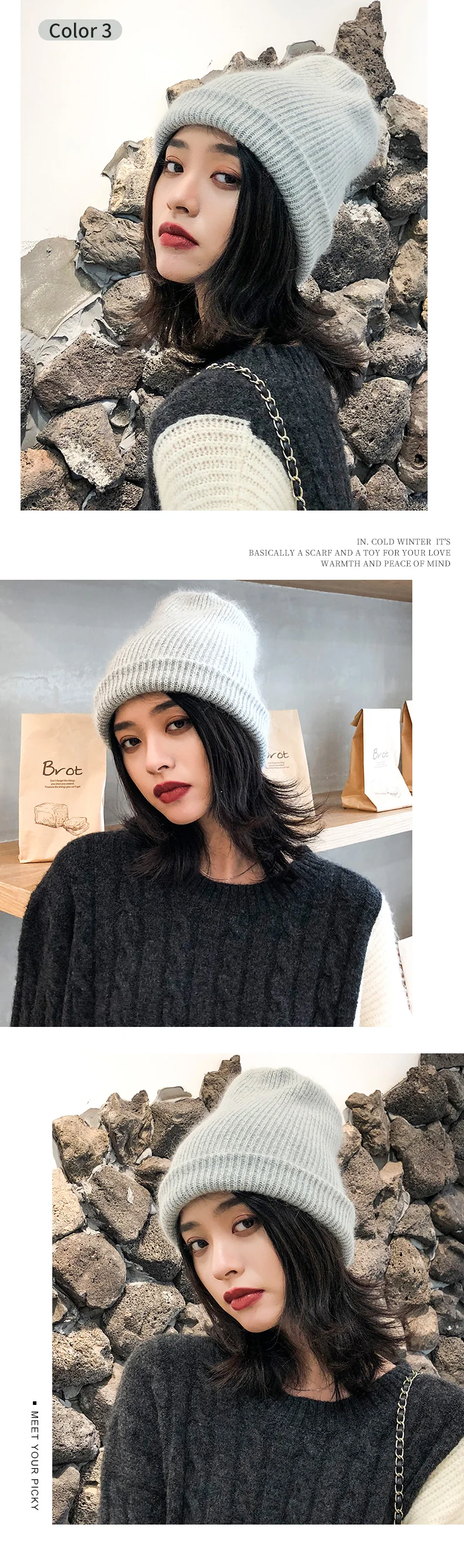 Зимние женские шапки вязаные Gorros плотные теплые мягкие женские повседневные однотонные шапка из кроличьей шерсти зимние женские шапки черные