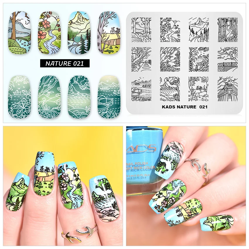 KADS, серия "природа", различные дизайнерские пластины для стемпинга ногтей, бабочки, горный диапазон, шаблоны, сделай сам, изображение, маникюрный набор тарелок