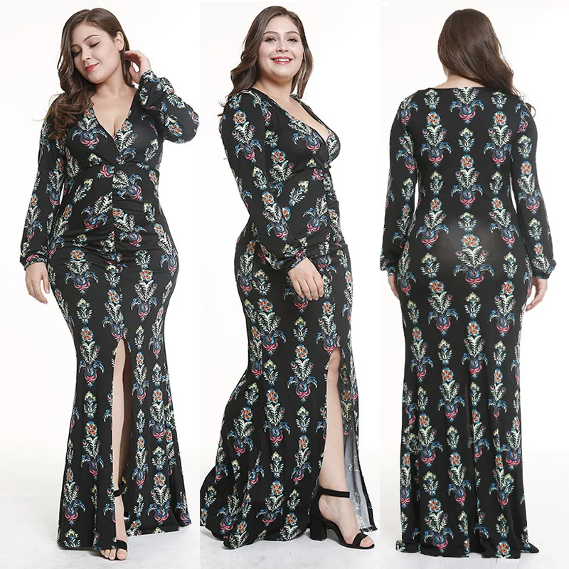 1860412 Amazon Spring And Summer Cross Border Europe And America New Style Bohemian Style Dress Printed Large V Slit Long Skirts