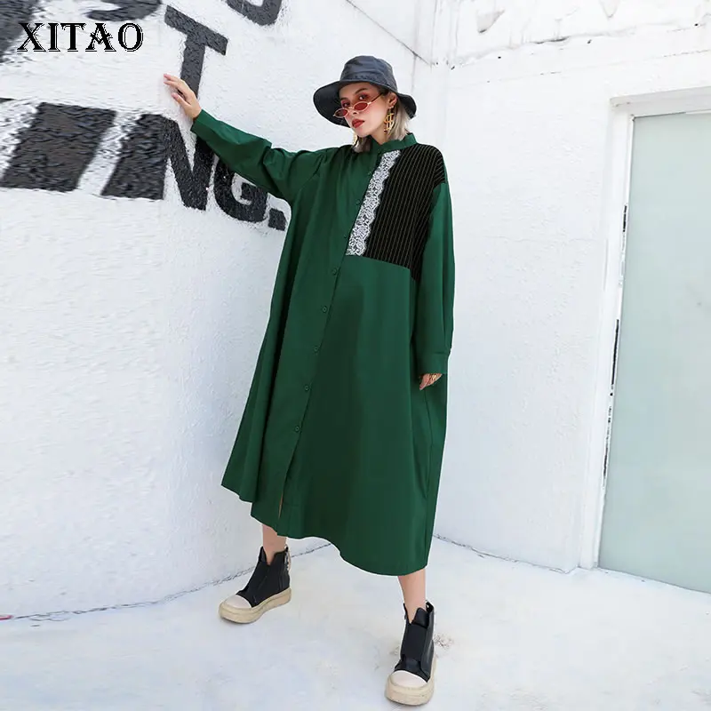 XITAO Tide Patchwork Striped Lace Dress Women Clothes 2019 Fashion Plus Size Hit Color Midi Stand Collar Autumn ZYQ1934 | Женская одежда