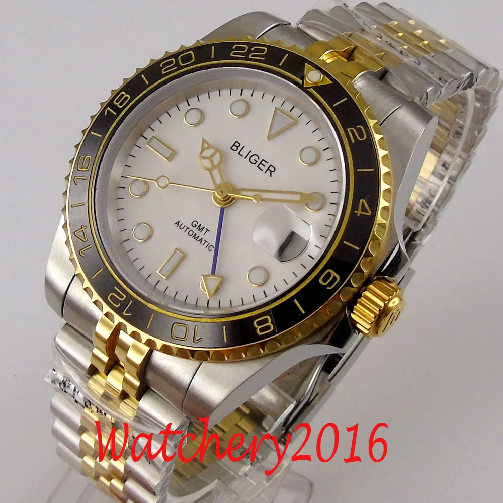 

Часы BLIGER мужские с автоподзаводом, позолоченные желтые t-браслеты с белым циферблатом, с сапфировым кристаллом и керамической рамкой, GMT