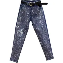 Большие размеры 26-31! осенние новые джинсы женские с высокой талией обтягивающие тяжелые рабочие алмазные джинсовые брюки с дырами
