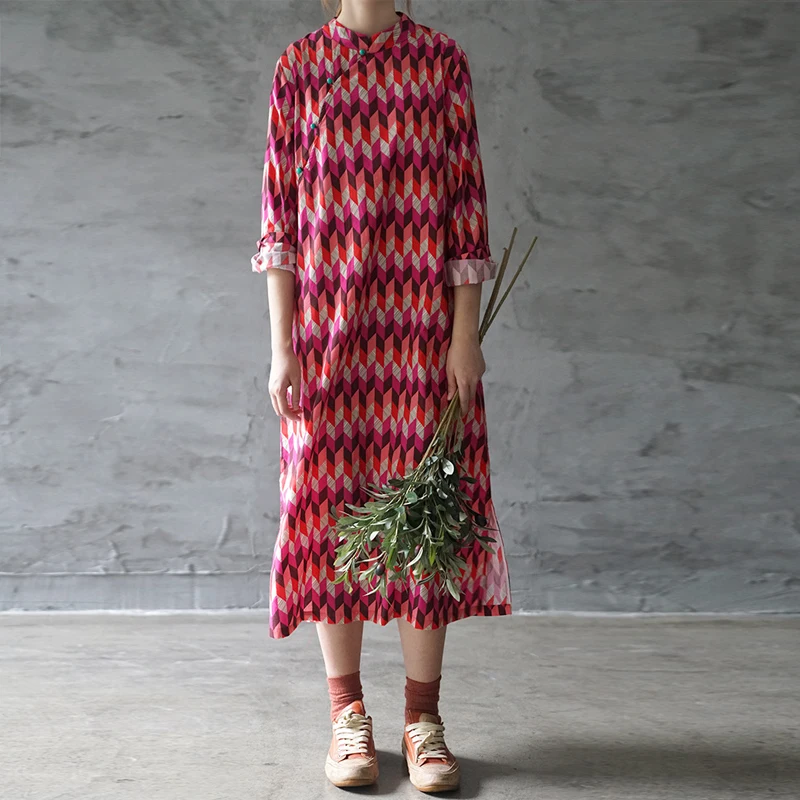 

Johnature New Retro Fashion Geometric Floral Print Stand Button Long Sleeve Dress 2019 Autumn Loose Comfortable Women Slit Dress