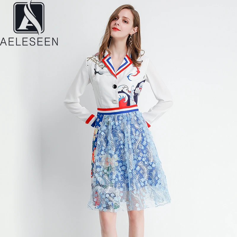 AELESEEN, весна, новинка, подиум, с принтом, а-силуэт, платья для женщин, Роскошные, с цветочной аппликацией, нестандартный дизайн, сплайсированное, Сетчатое, миди платье