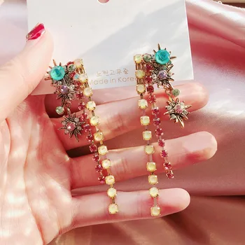 

MENGJIQIAO Handmade Colorful Crystal Star Light Long Drop Earrings For Women Students Luxury Party Jewelry Ear Accessories