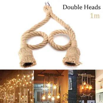 

Vintage 1m Long Hemp Rope Retro Loft Single Head Double Heads Industrial light Hanging Lamp Pendant Light Edison Lamp