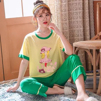 

Summer New Ladies 2Pcs Pajamas Set Short Sleeve T+Pants Comfort Loose Large Size Sleepwear Cute Cartoon Printed Women Home-wear