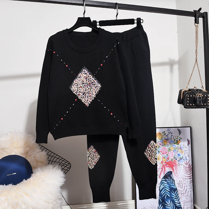 

Women knitted Tracksuit Set Autumn New Fashion Beading Sequins Loose Pullover Sweater + Casual Pants Ladies Winter Two Piece Set