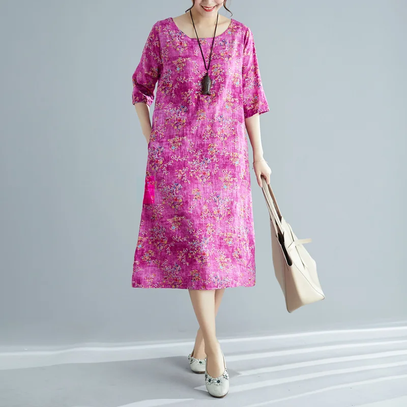 

2019 Spring And Summer New Style Literature And Art Loose And Plus-sized Cotton Linen Floral Printed Dress Medium-length Dress