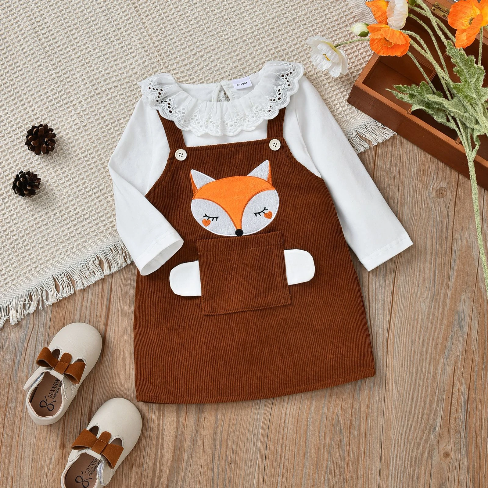 Baby Dress New Spring Autumn Toddler Long Sleeve Lace Collar Animal Print Fake Two Piece Corduroy Strap Dress Toddler Clothes newborn baby girl skirt
