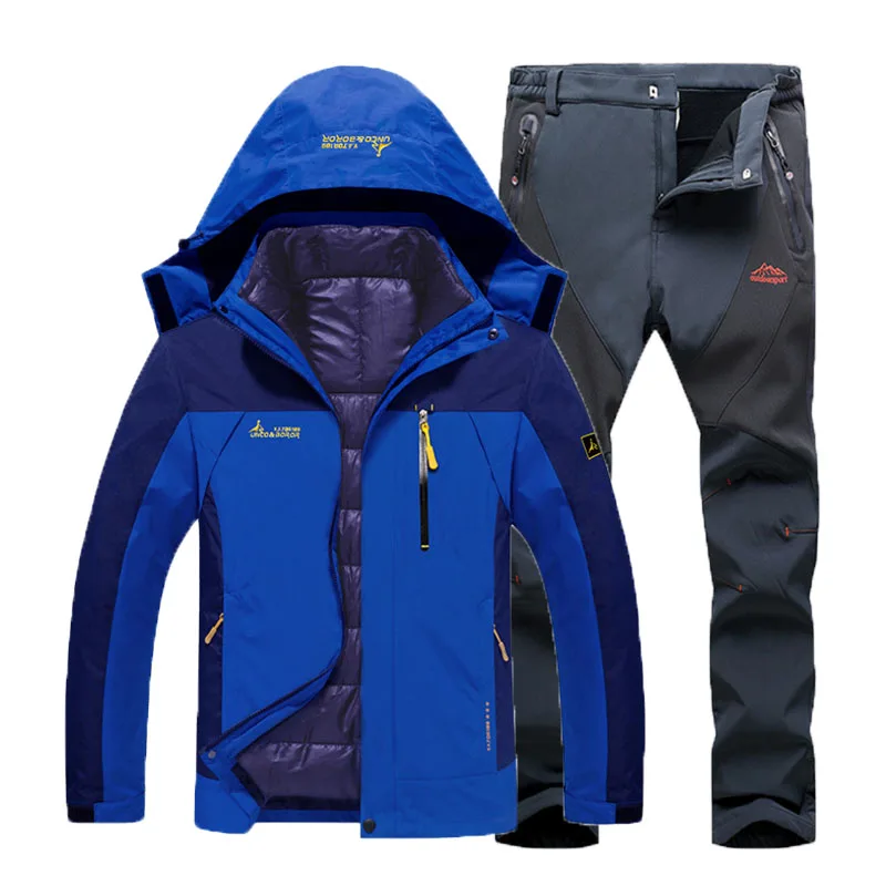 Мужские зимние водонепроницаемые треккинговые походные лыжные ползунки, теплые хлопковые куртки 3 в 1, флисовые штаны, костюм, пальто - Цвет: Blue Gray Suit