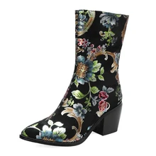 Dilalula/Винтажные ботинки с цветочным принтом модные элегантные женские ботинки до середины икры с острым носком на высоком каблуке в этническом стиле женская обувь 44