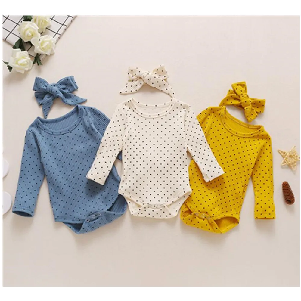 

2020 Autumn Toddler Baby Girls Bodysuit Romper Fall Top Headband Long Sleeve Crotch Buttons Polka Dot Printed Outfit 2Pcs Suit
