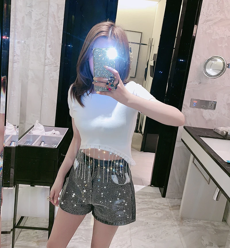 

Fashion heavy work tassel drill chain round neck short-sleeved T-shirt female short paragraph Slim wild top shirt Z094