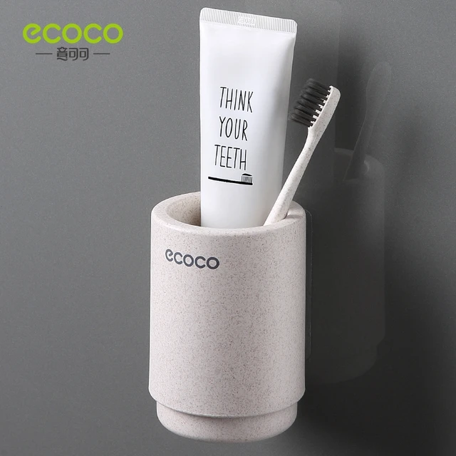 ECOCO Magnetic Adsorption Inverted Toothbrush Holder Simple Toothpaste Storage Rack with Wash Cup Punch Free Bathroom Sets Wheat