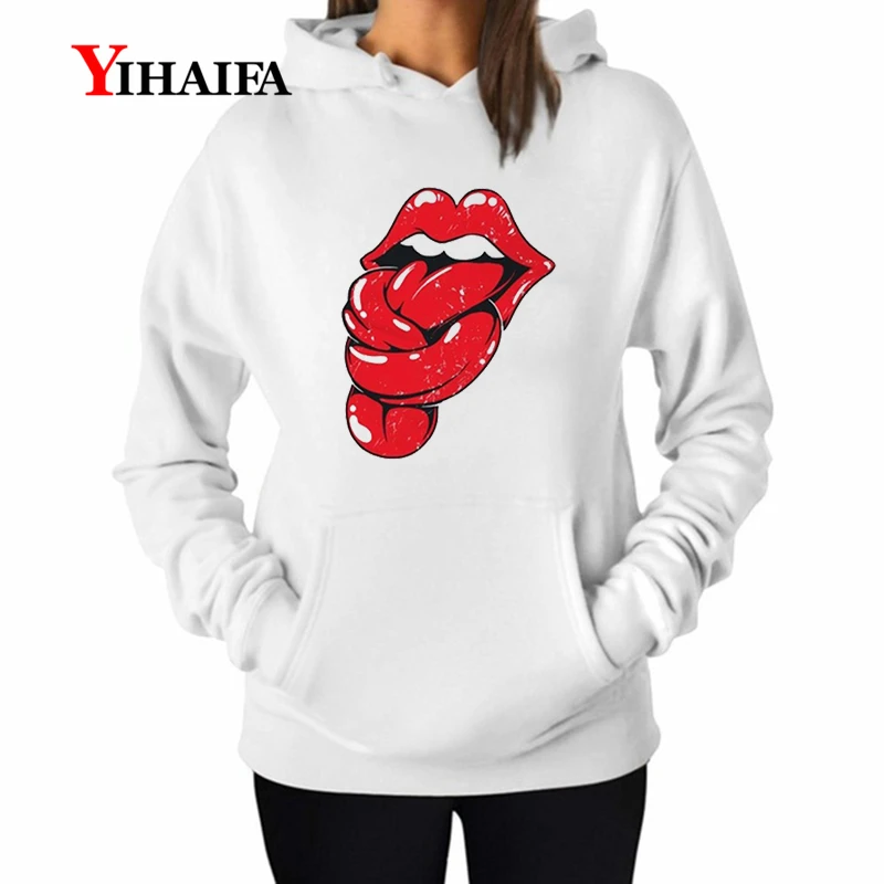 

Womens Hoodies 3D Print Sexy Red Lips Gaphic Design Sweatshirts Stylish Pullover Hooded Streetwear Velvet Tracksuit Tops