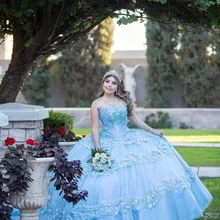 

Sky Blue New Quinceaninera Dresses Beading Appliques Sweetheart Sleeveless For Sweet Girl Princess Ball Gown Vestidos De 15 Años