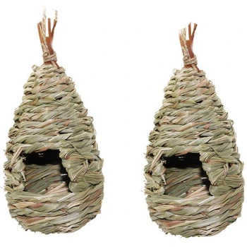 

2 Pack Grass Bird Hut Bird House House Hanging Bird Nest Fiber Hand-Woven Bird House Roosting Pocket, Bird Hideaway From Predato