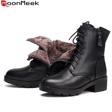 MoonMeek/большой размер 35-43, новые зимние ботинки из натуральной кожи женские ботильоны на молнии с круглым носком Теплые ботинки из овечьей шерсти зимние ботинки