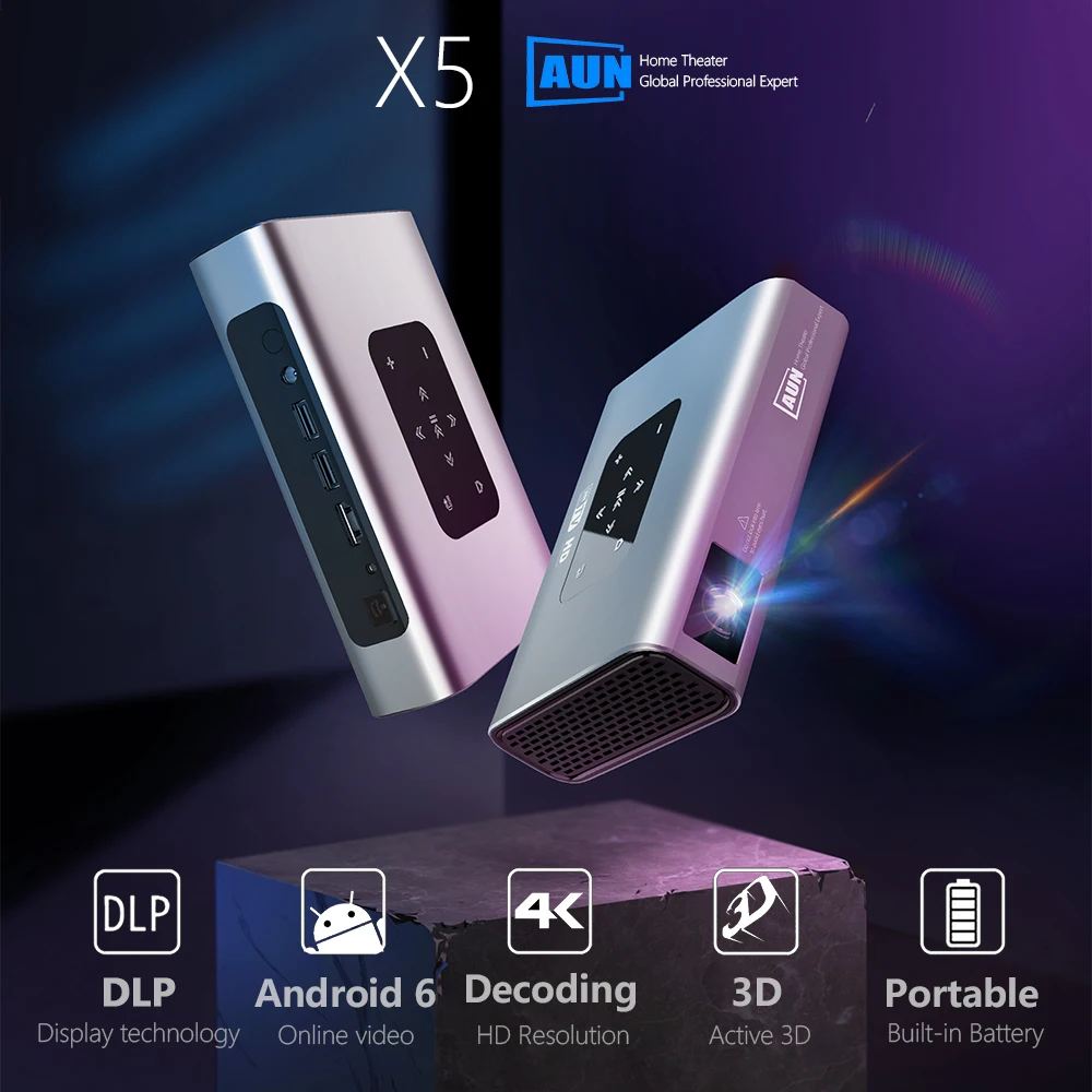 Aun projetor x5 4k android wifi 3d 10500mah bateria 300 polegada 1080p dlp mini portátil vedio projetor smart tv laser beamer hdmi-1