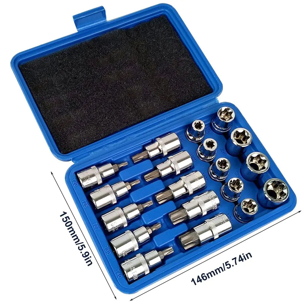 19pcs 1/2in Socket Set Drive Star Socket Bit Socket Set E10- E24 Torx T20- T70 Socket Pressure Batch Set Repair Tools