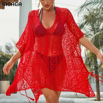 

INGAGA 2020 Beach Cover Ups Sexy V-neck Beach Tunic Beachwear Hollow Out Dress Swimwear Women Summer Half Sleeve Bathing Suits