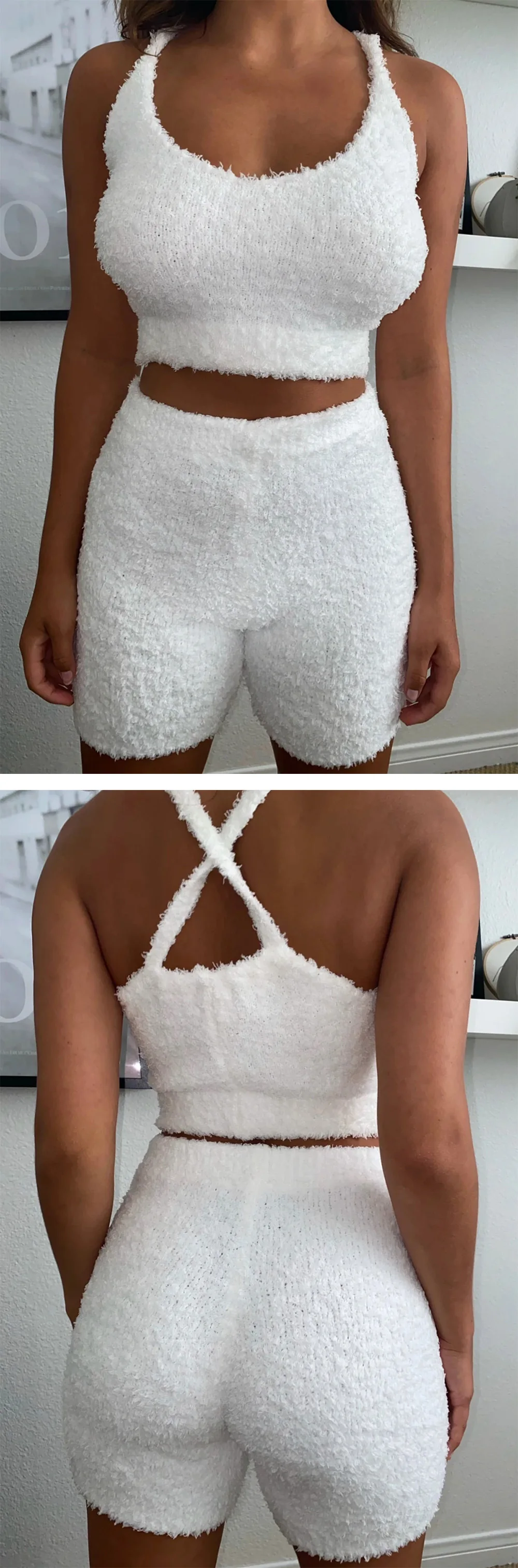 2PCS/Sets Sexy Fluffy Suits Velvet Plush Hooded Sleepwear Shorts+Crop Top Women Tracksuit Casual Sports Set Overalls Sweatshirts