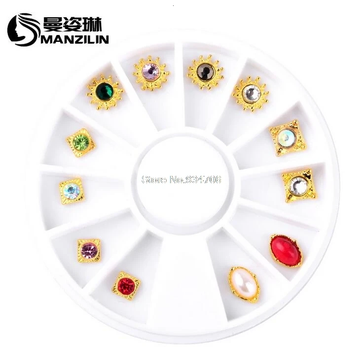 

MANZILIN sp0052 Glitter Colorful Gold Edge Nail Rhinestone Pearl Decorations 3d Alloy Charm Design Nail Jewelry Wheel Tools