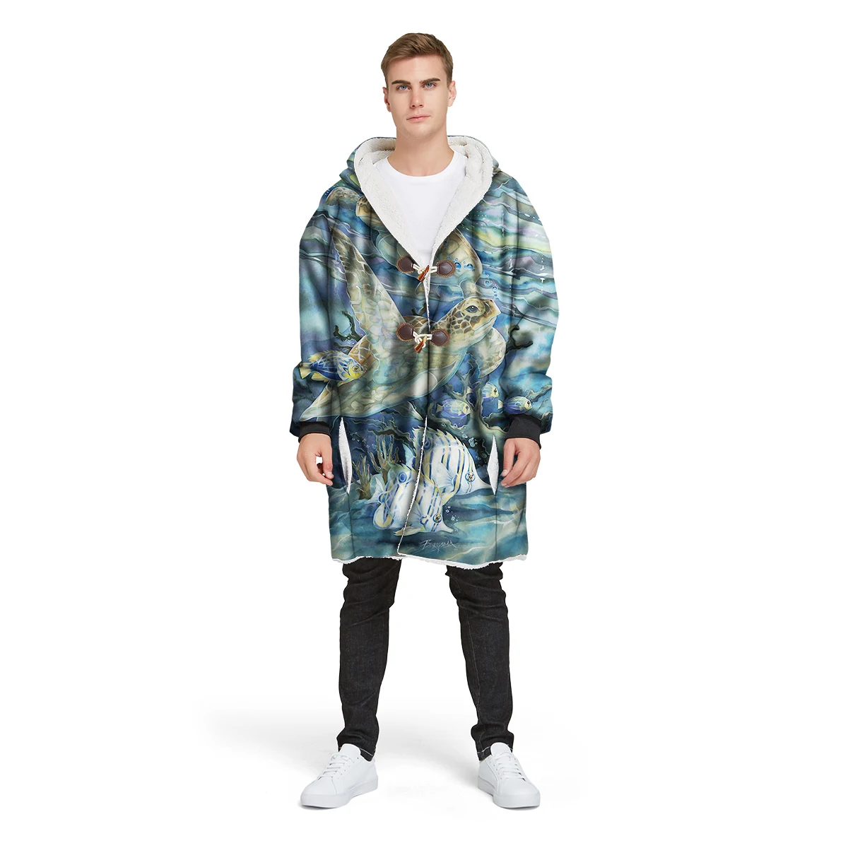 

2019 new brand 3D print custom design man's Sherpa coat loose long winter plus velvet jacket 100% polyester hooded warm CL33