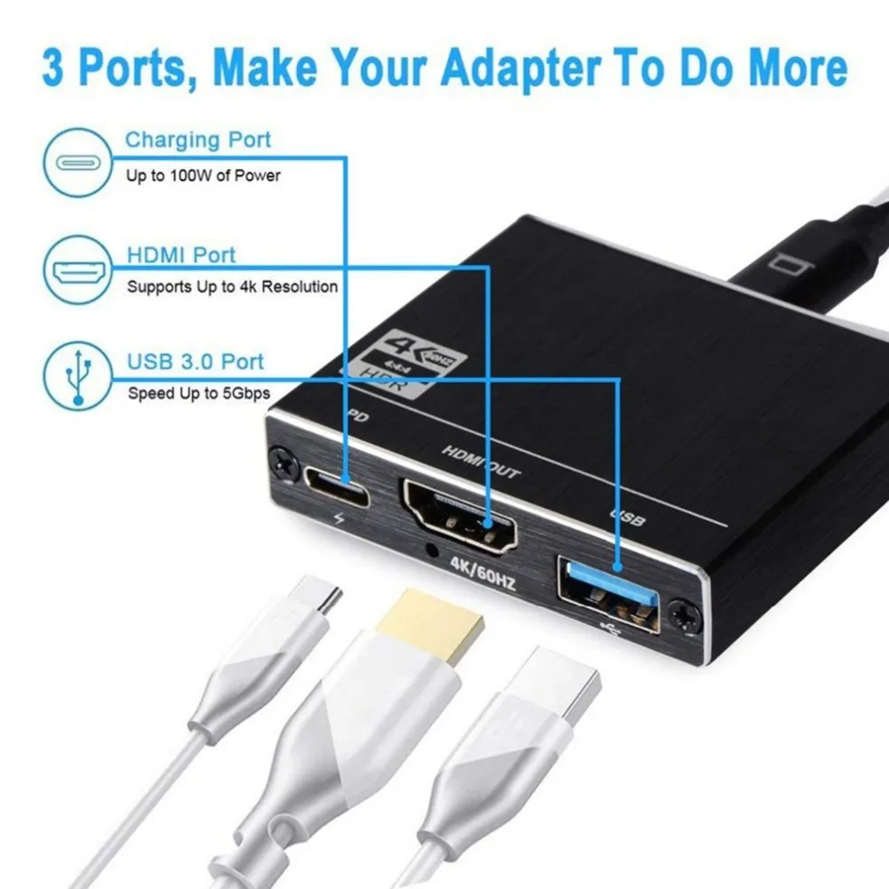 Кабель-Переходник USB C на HDMI адаптер 4K 3-в-1 Тип с разъемами типа C и HDMI мульти-Порты и разъёмы адаптер совместим для MacBook Pro для samsung