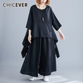 

CHICEVER Casual Two Piece Set Women O Neck Irregular Shirt High Waist Loose Wide Leg Pants Female Suits 2020 Summer Clothes New