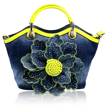 

New Denim Handbags Leather Shoulder Bag Sweet Stereotyped Retro Polyester Cotton Rose Flower Diamonds Leisure Oblique Package