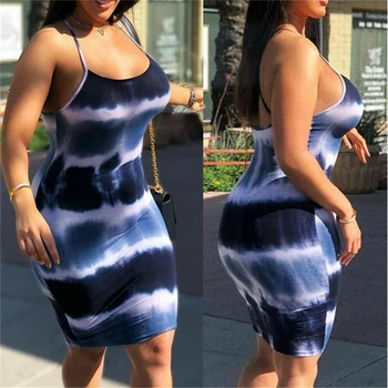 

Women Sleeveless Backless Dress Evening Party Summer Sheath Slim Bodycon Clubwear Short Mini Dresses Tie dye Print Dress