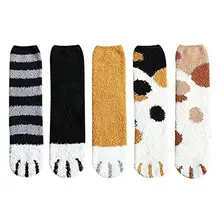 Новинка, 5 пар, зимние теплые носки с котом для женщин и девочек, симпатичная кошачья лапа, коралловые домашние носки-тапочки, плотные пушистые носки средней длины для сна, A40