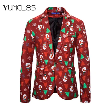 

Yunclos Men's Hot Christmas Printed Jackets European Size Suit Men's One Button Leisure Blazer