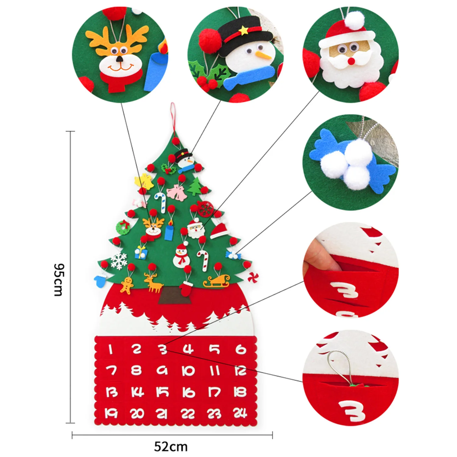 Behogar DIY рождественская елка Advent календарь комплект войлочная ткань обратного отсчета с 24 дневным карманом и 24 шт украшения для рождественского декора