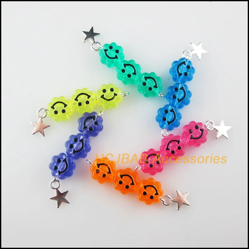 

12 New Mixed Flower Smile Beads Charms Acrylic & Tiny Star Silver Plated Pendants Retro 10x44mm