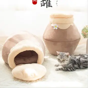 

Honey Pot Cat House with Milk Pad Foldable Closed Cat Cave Creative Winter Thick Sleeping Bag Warm Comfortable Kitty Pet Sofa