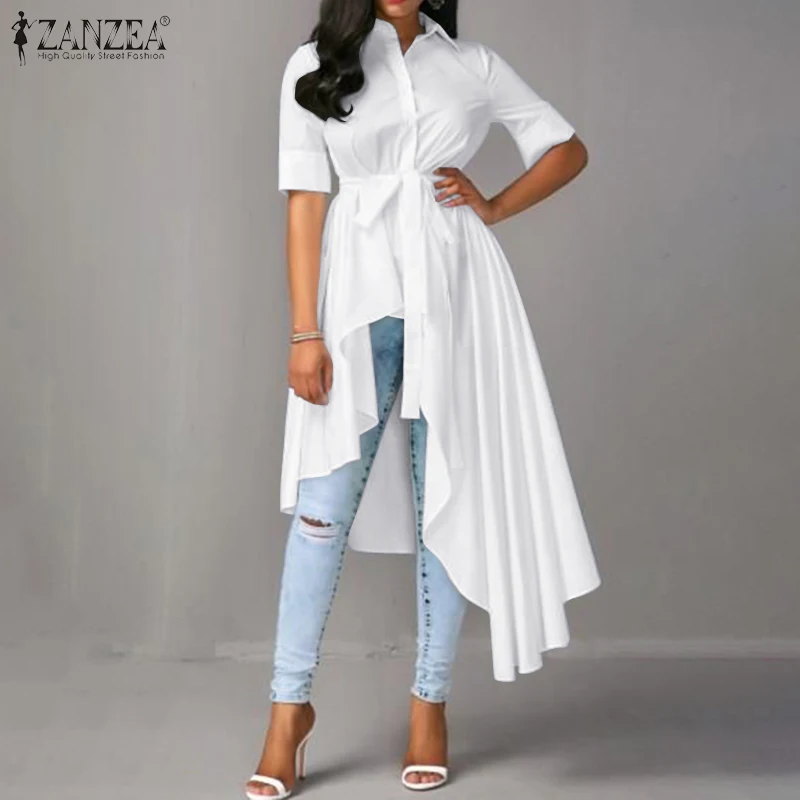 2020 Fashion Women Asymmetrical Blouse ZANZEA Summer Short Sleeve Long Shirt Vestido Elegant Lapel Neck Solid Buttons Blusas Top 2020 Fashion Women Asymmetrical Blouse ZANZEA Summer Short Sleeve Long Shirt Vestido Elegant Lapel Neck Solid Buttons Blusas Top