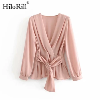 

Solid V Neck Women Blouse Stylish Ladies Shirt With Belt Elegant Pleated Tunic Tops Sweet Sashes Elastic Waist Office Shirt
